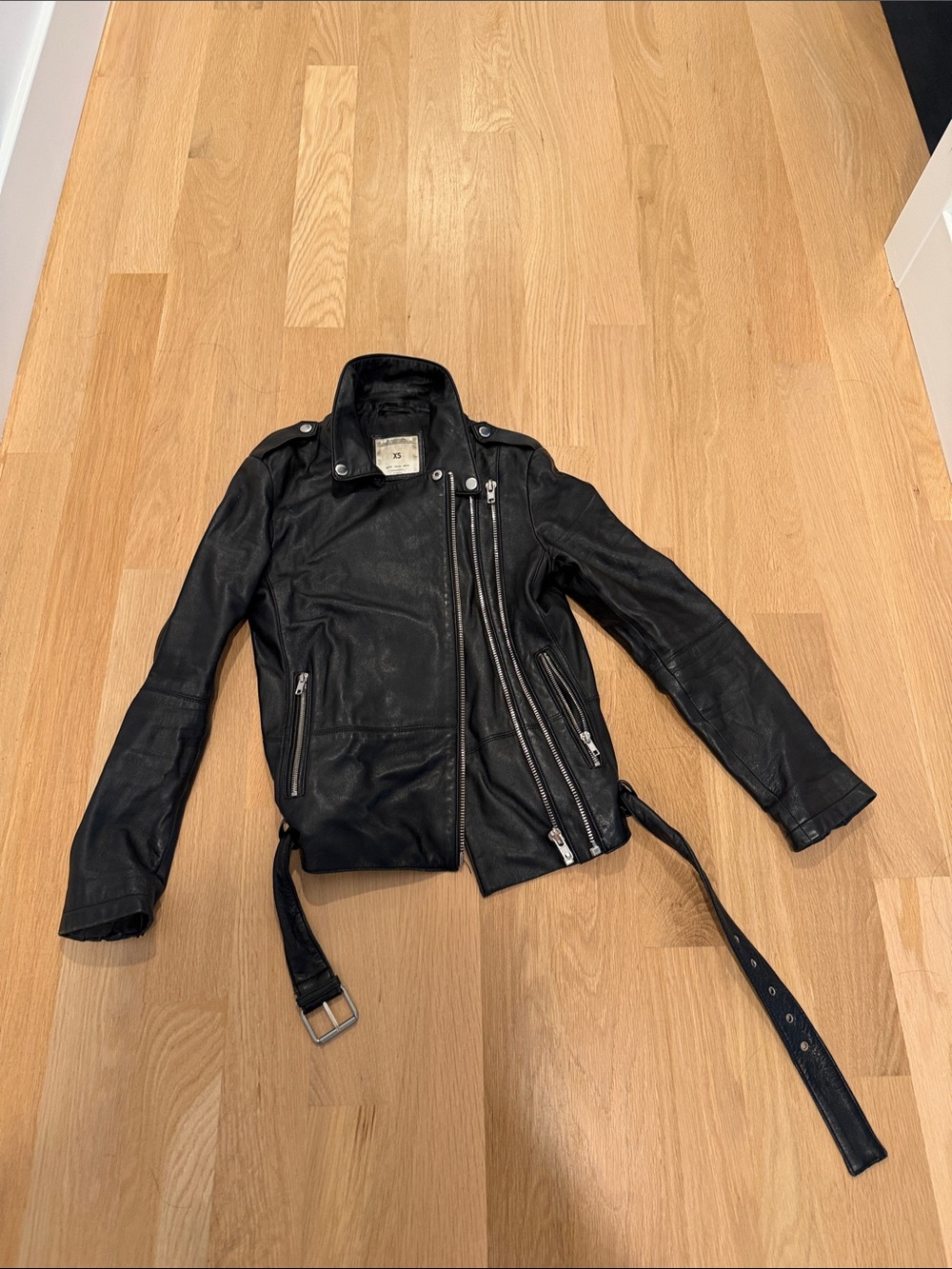 Zara 100% Leather black Moto Jacket with Belt sz XS